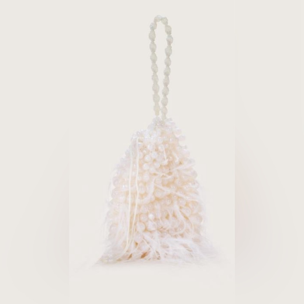 Cult Gaia Dory Ostrich Feather Pearl Wristlet Bag
